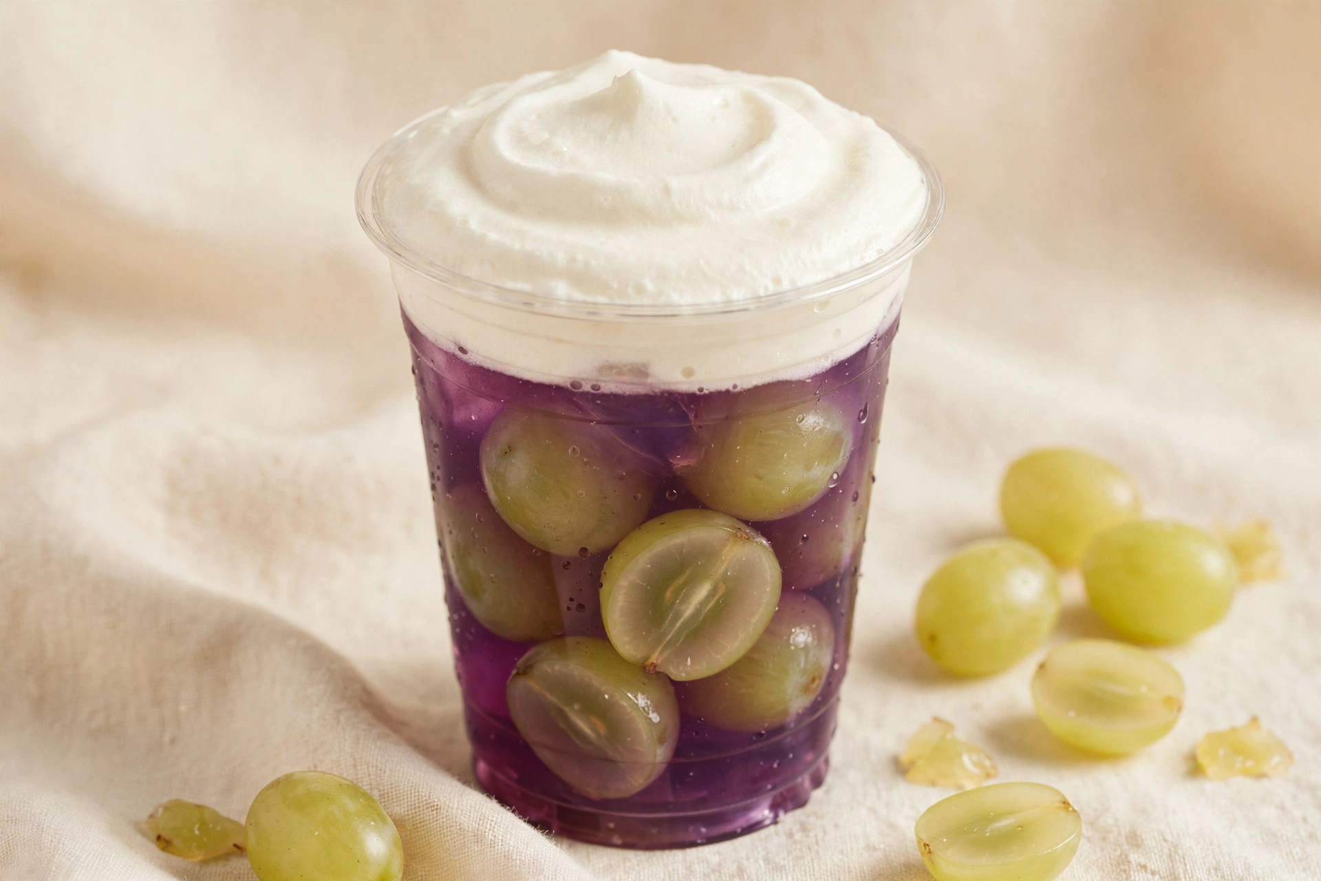 Very grape cheezo tea β purple grape tea with white cheese foam cap and fresh grapes