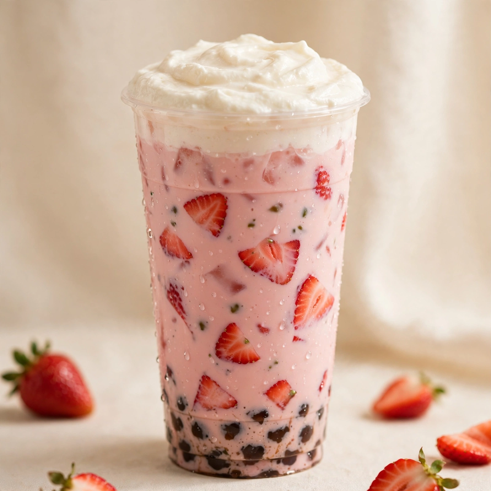 Strawberry cheezo tea β pink strawberry tea topped with thick white salted cheese foam in a clear cup
