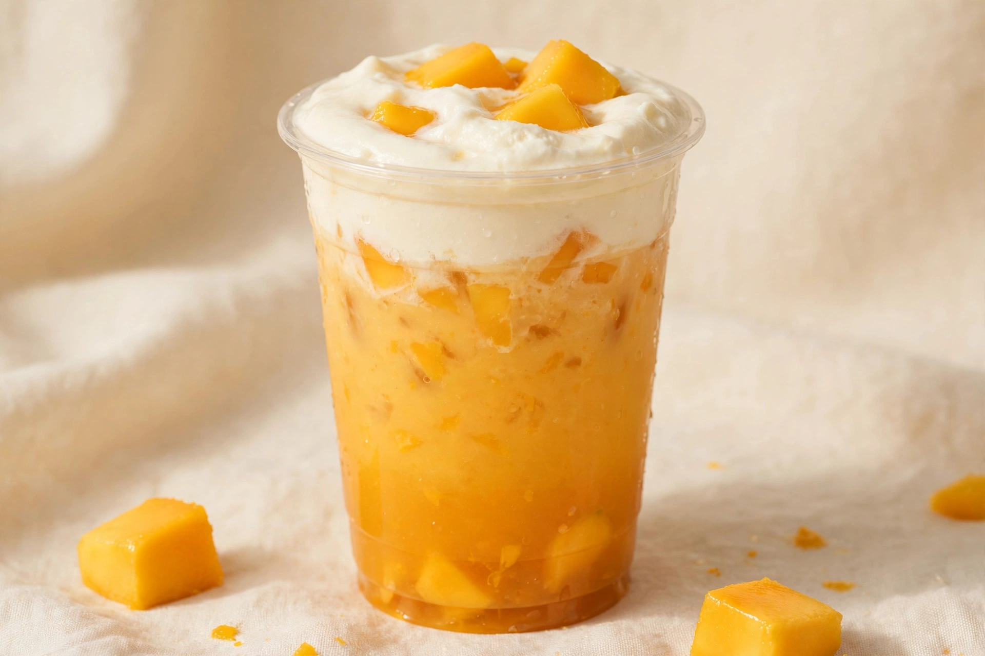 Mango cheezo tea β orange mango tea with white cheese foam and mango chunks